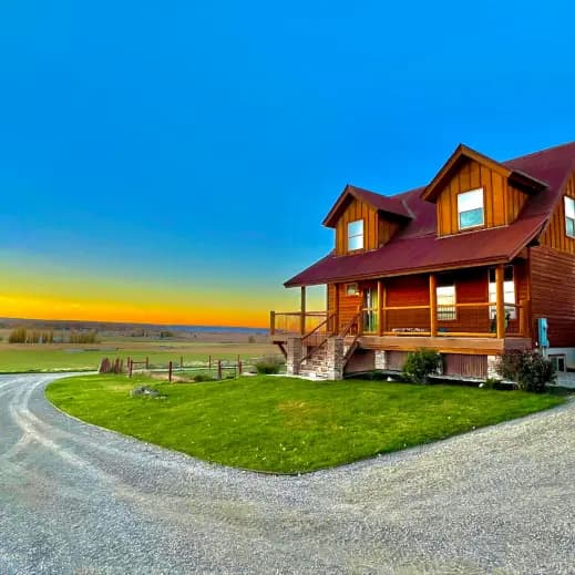 Country Cabin exterior at sunset