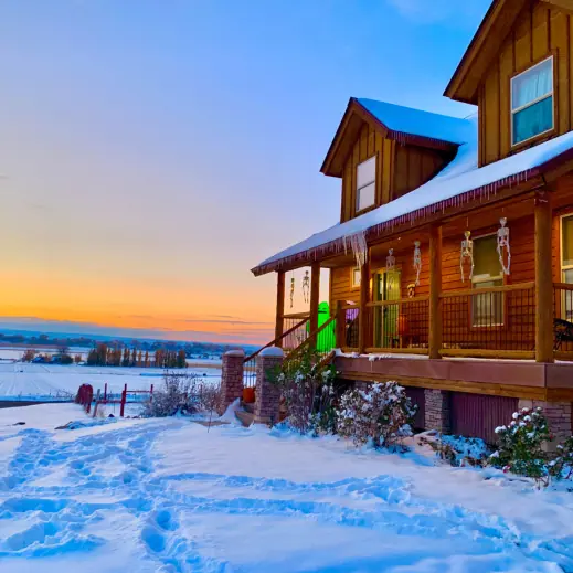 Snow-covered Country Cabin yard